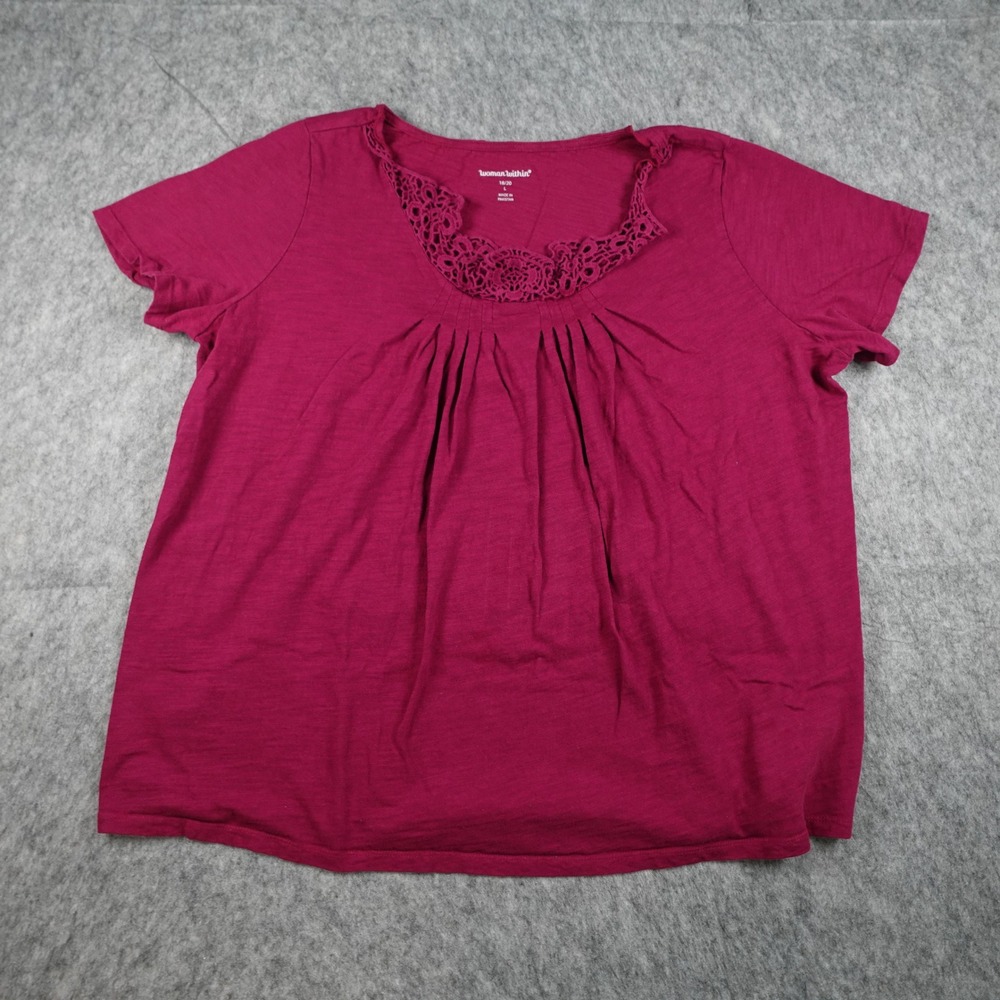 Woman Within Top Womens 18/20 Pink Tee Pleat‎ Pintuck Front Lace Trim Short Slv